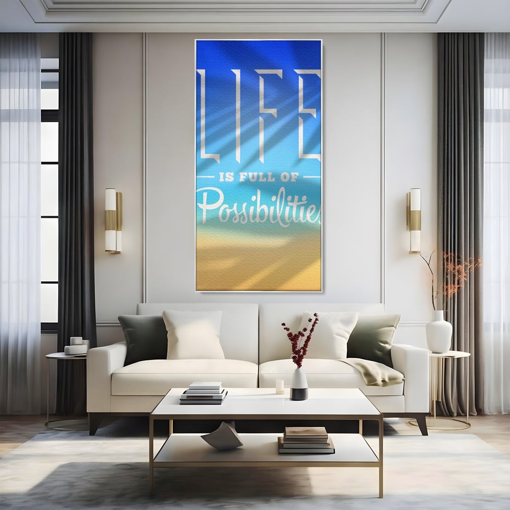 Tablou canvas cu tablou motivational vertical cu mesaj, in rama de aluminiu argintiu, pe perete intr-un living
